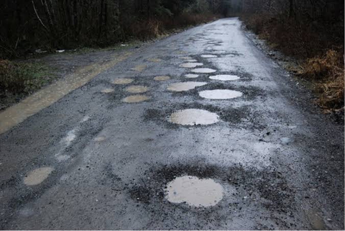 Road with multiple potholes in Loudoun County VA